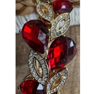 Red Stone, Gold Tone, Rhinestone Leaf Bracelet